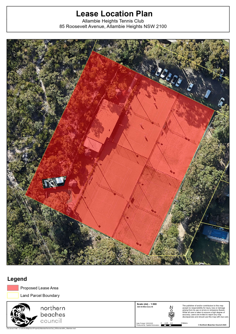 Council Lease Location Plan, bird's eye view with red shading over the intended lease area