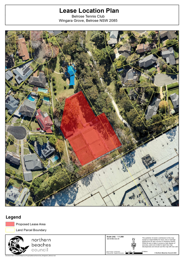 Council Lease Location Plan, bird's eye view with red shading over the intended lease area