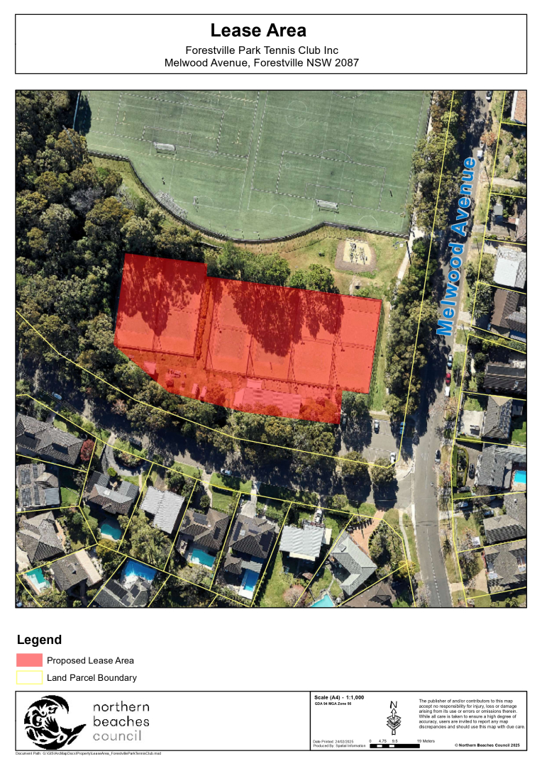 Council Lease Location Plan, bird's eye view with red shading over the intended lease area
