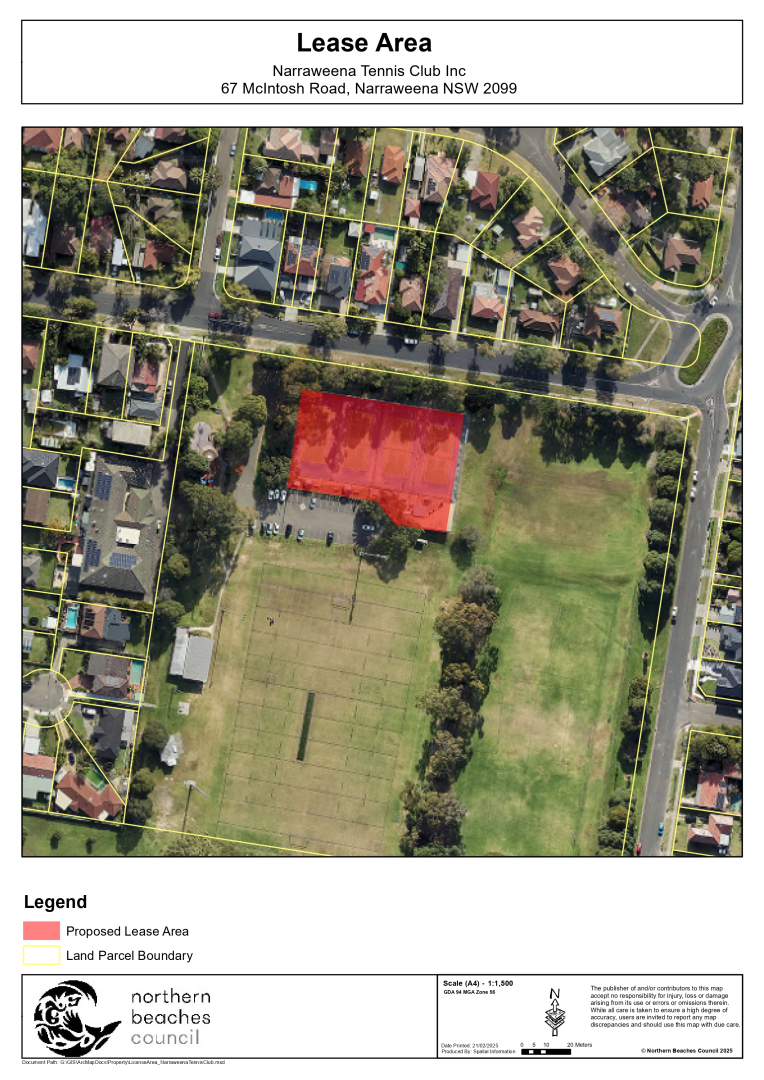 Council Lease Location Plan, bird's eye view with red shading over the intended lease area