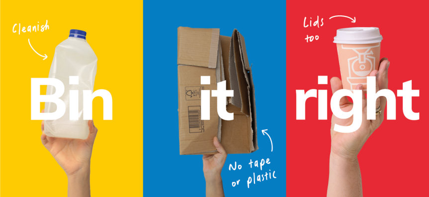 three hands hold items