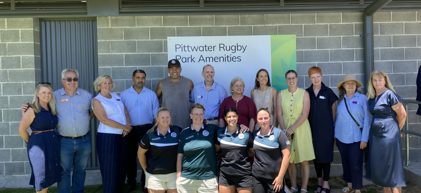 Northern Beaches Mayor and Councillors, Jacqui Scruby MP and representatives from the Warringah Rugby Club at the new Pittwater Rugby Park Female-Friendly amenities