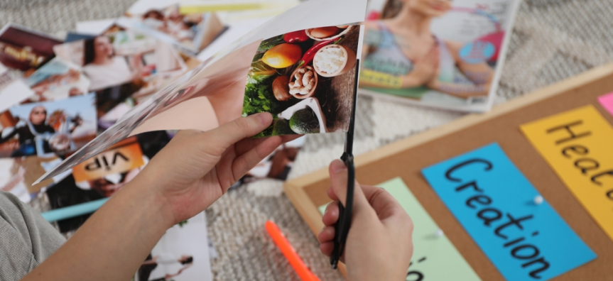 vision board, cutting, scissors, pictures, magazines